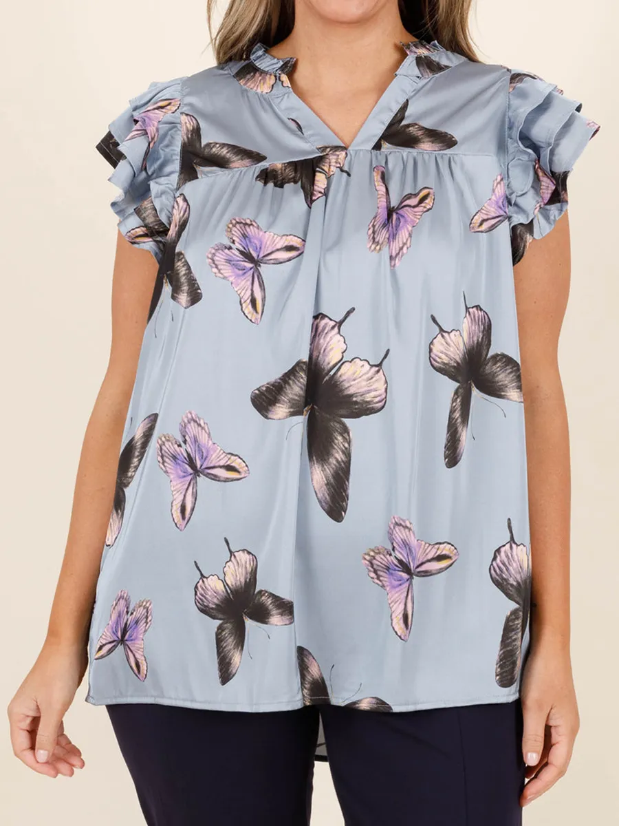 Butterfly printed layered ruffled short sleeved shirt