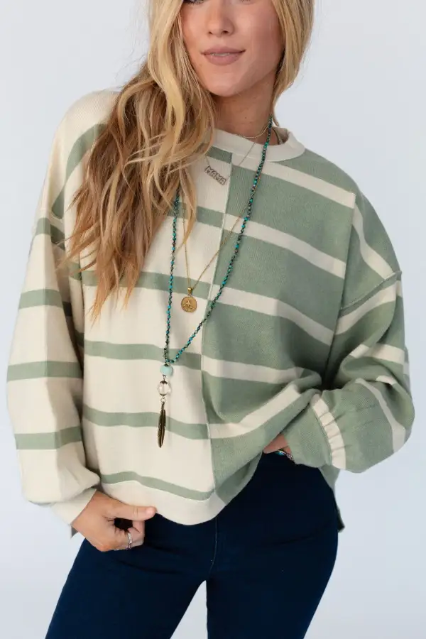 Both Sides Striped Sweater Top - Sage Multi