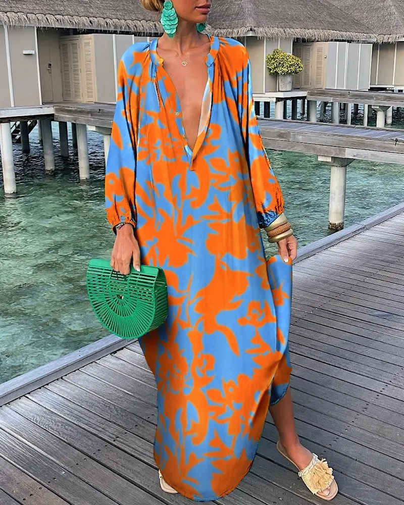 Women Printed V-Neck Long Sleeve Long Dress