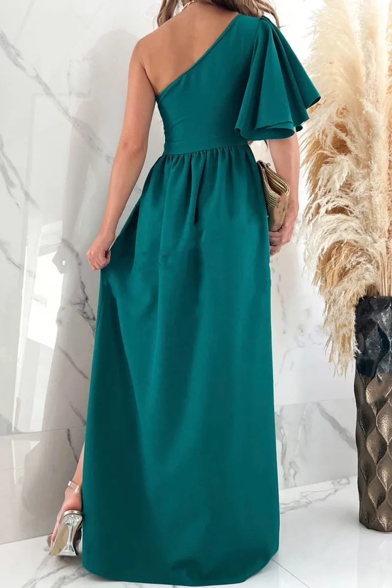 Khaki Sexy Elegant Solid Patchwork Slit Oblique Collar Straight Dresses