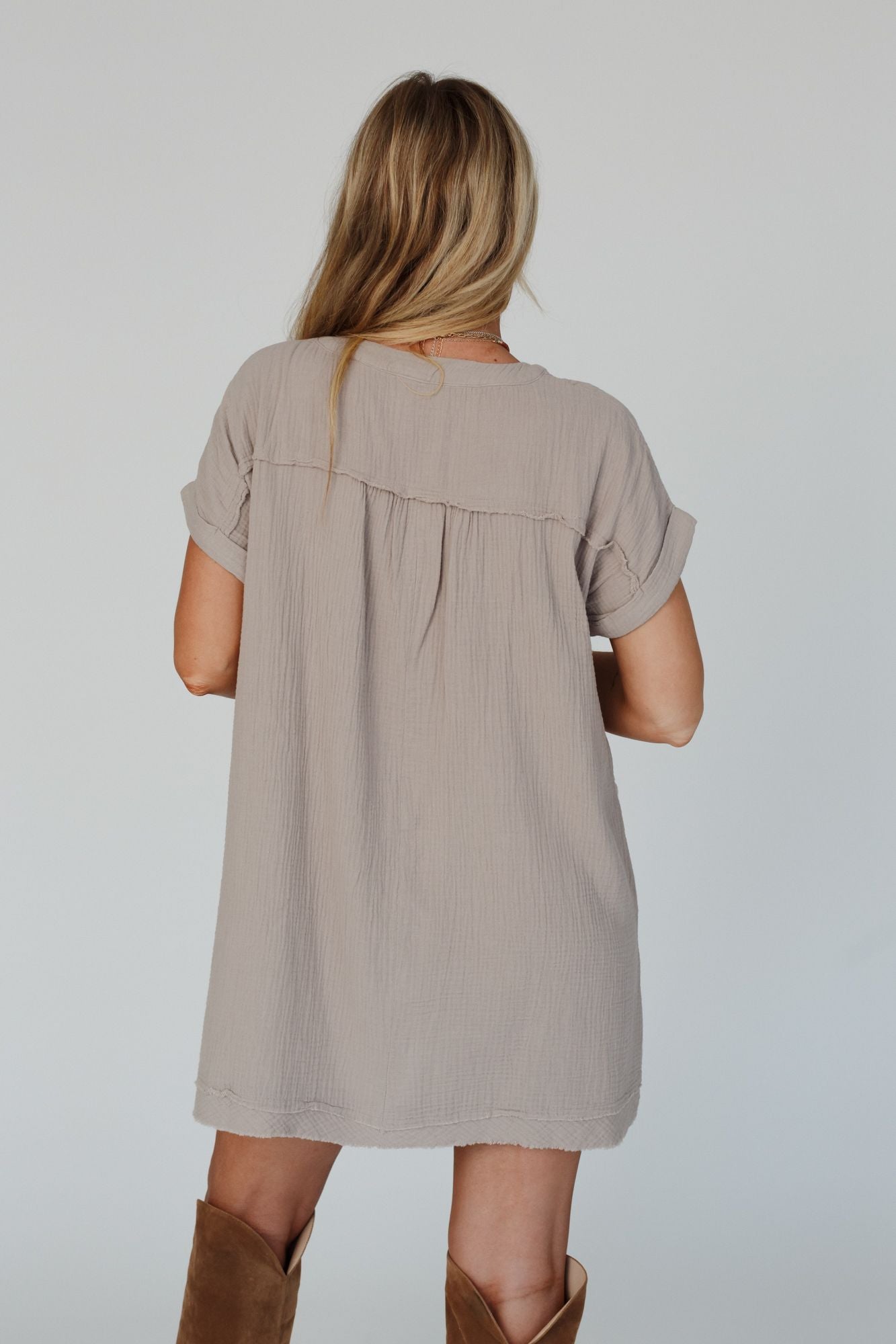 Romi Raw Edge V Neck Dress - Ash Mocha