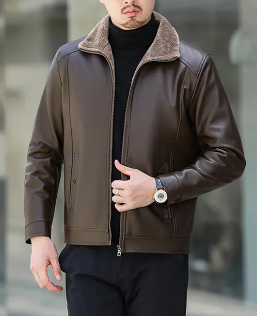 PU Leather Zipper Turndown Collar Solid Fleece-lined Jacket