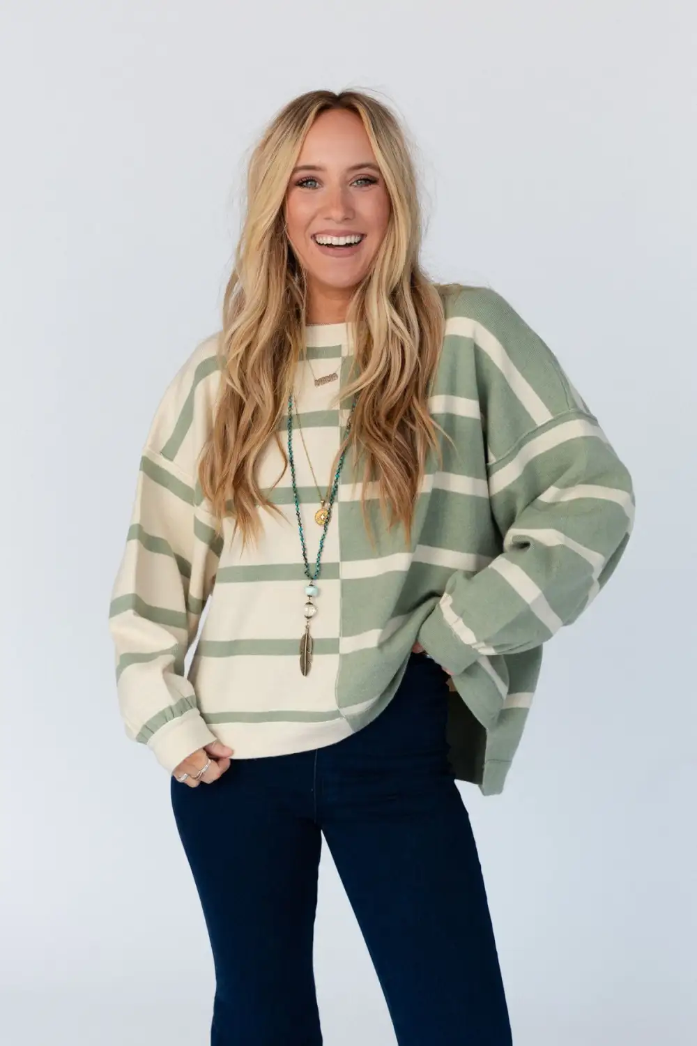 Both Sides Striped Sweater Top - Sage Multi