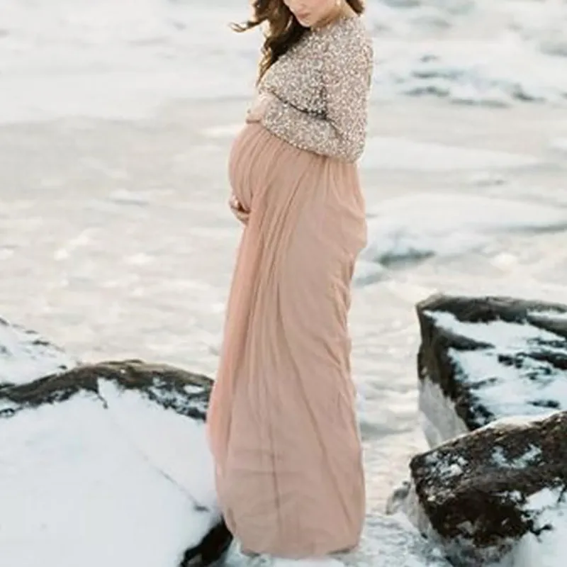 Spring Summer Pregnant Mother Pregnant Women Large Sequin Mesh Dress