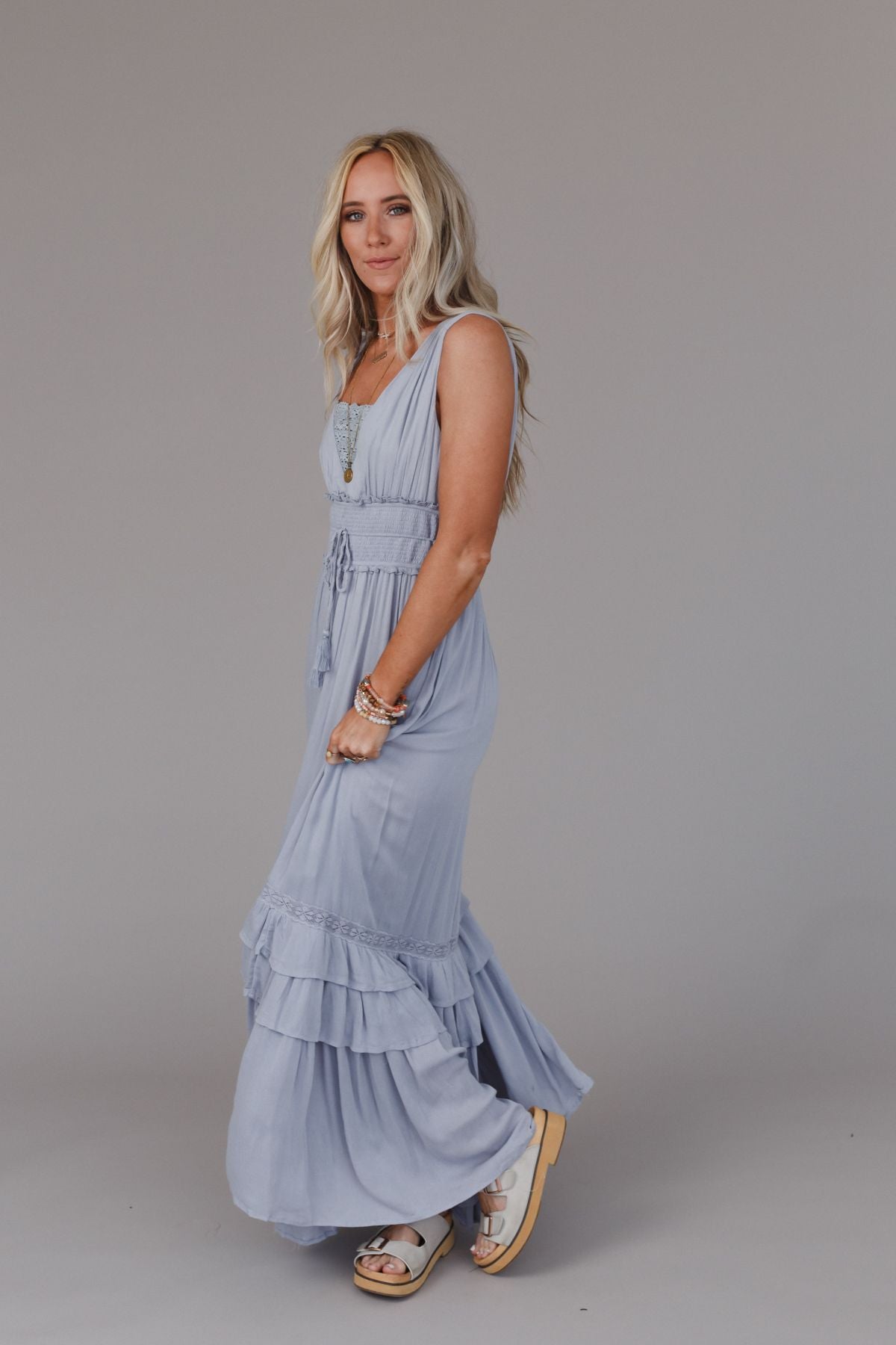 Santa Maria Tiered Lace Maxi Dress - Washed Gray