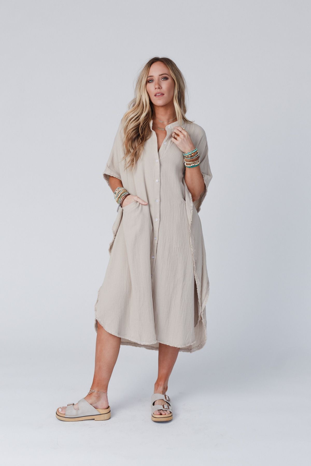 All My Days Button Down Midi Dress- Taupe