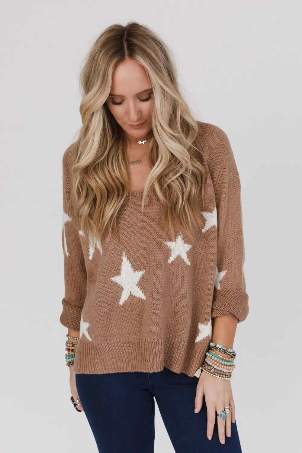 Shining Nights Starry V Neck Sweater - Caramel