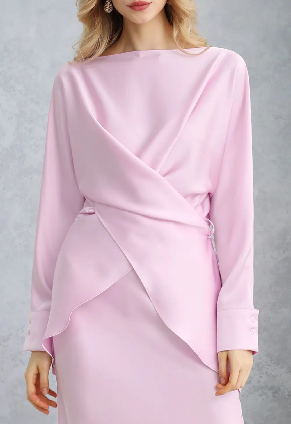 BOAT NECK CRISSCROSS WAIST SATIN TOP IN PINK