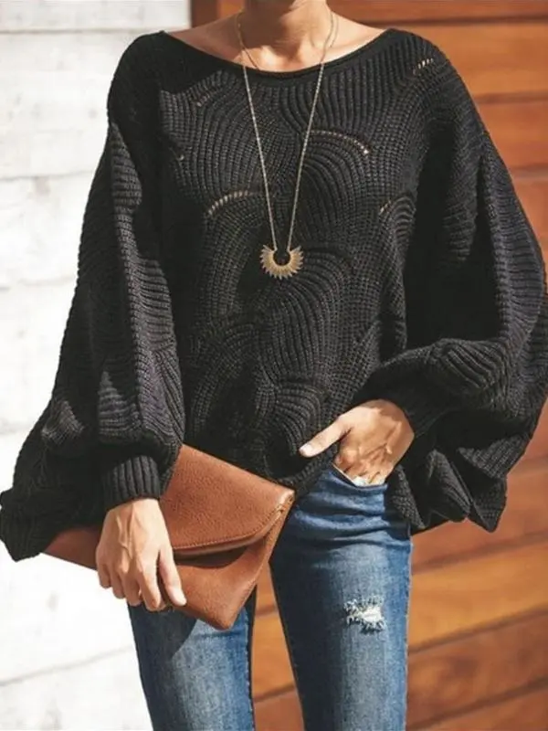 Women's Sweaters Round Neck Hollow Lantern Long Sleeve Sweater