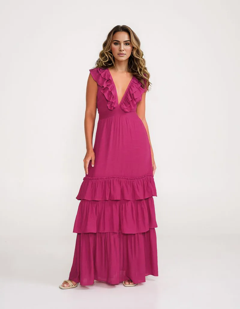 Long Ruffle Dress - Wine