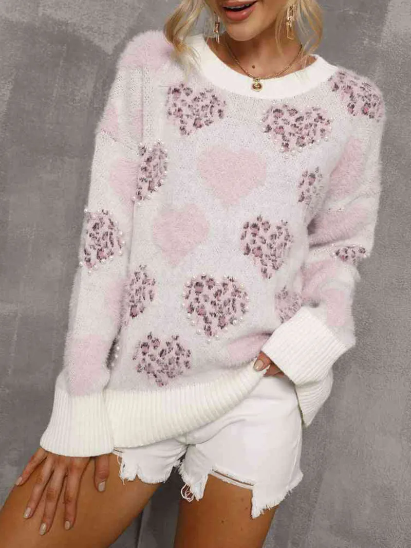 Heart Pattern Round Neck Long Sleeve Sweater