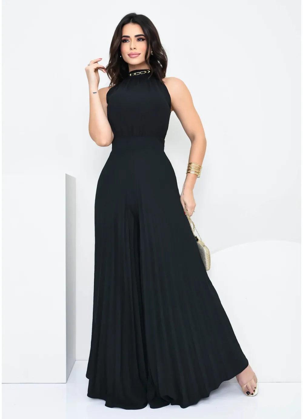 PLEATED WIDE LEG JUMPSUIT WITH TIE BACK