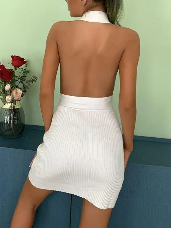 Backless Wide Waistband Sweater Halter Dress