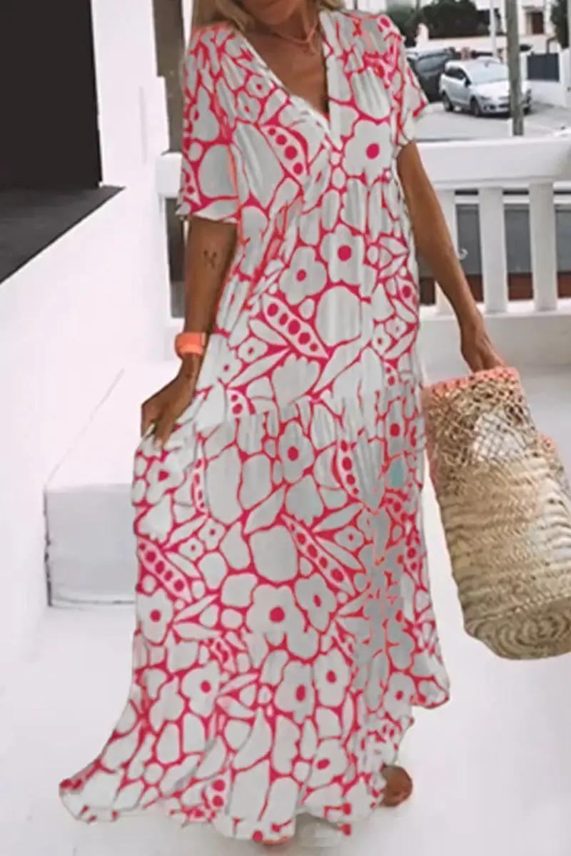 Elegant Geometric Printing V Neck A Line Dresses