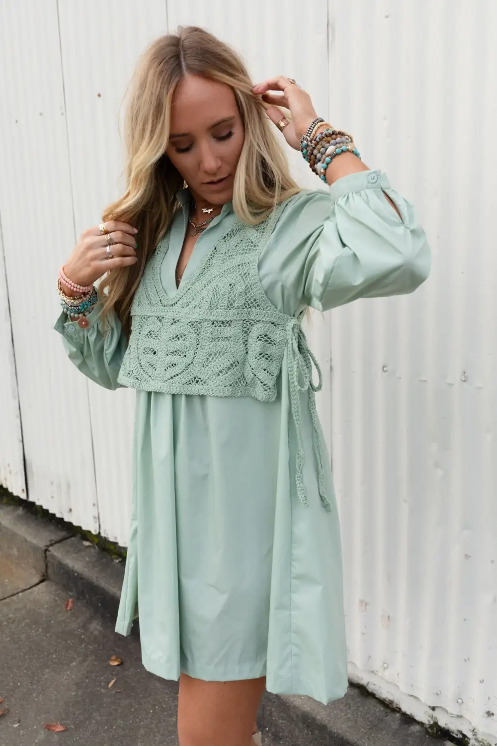 Sweet Edge Crochet Vest Tunic Dress - Sage