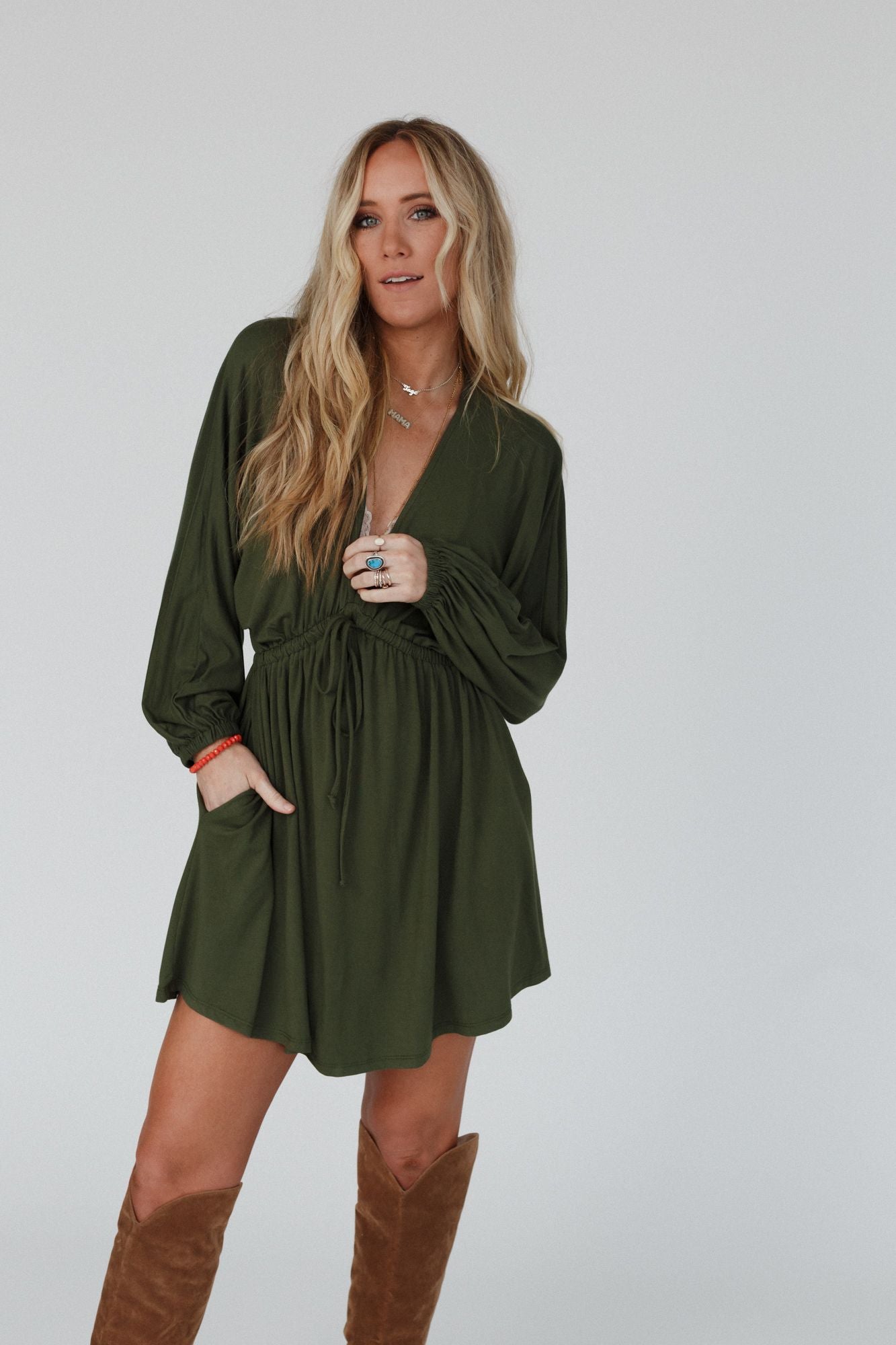 Sweet Vacay Long Sleeve Dress - Super Olive