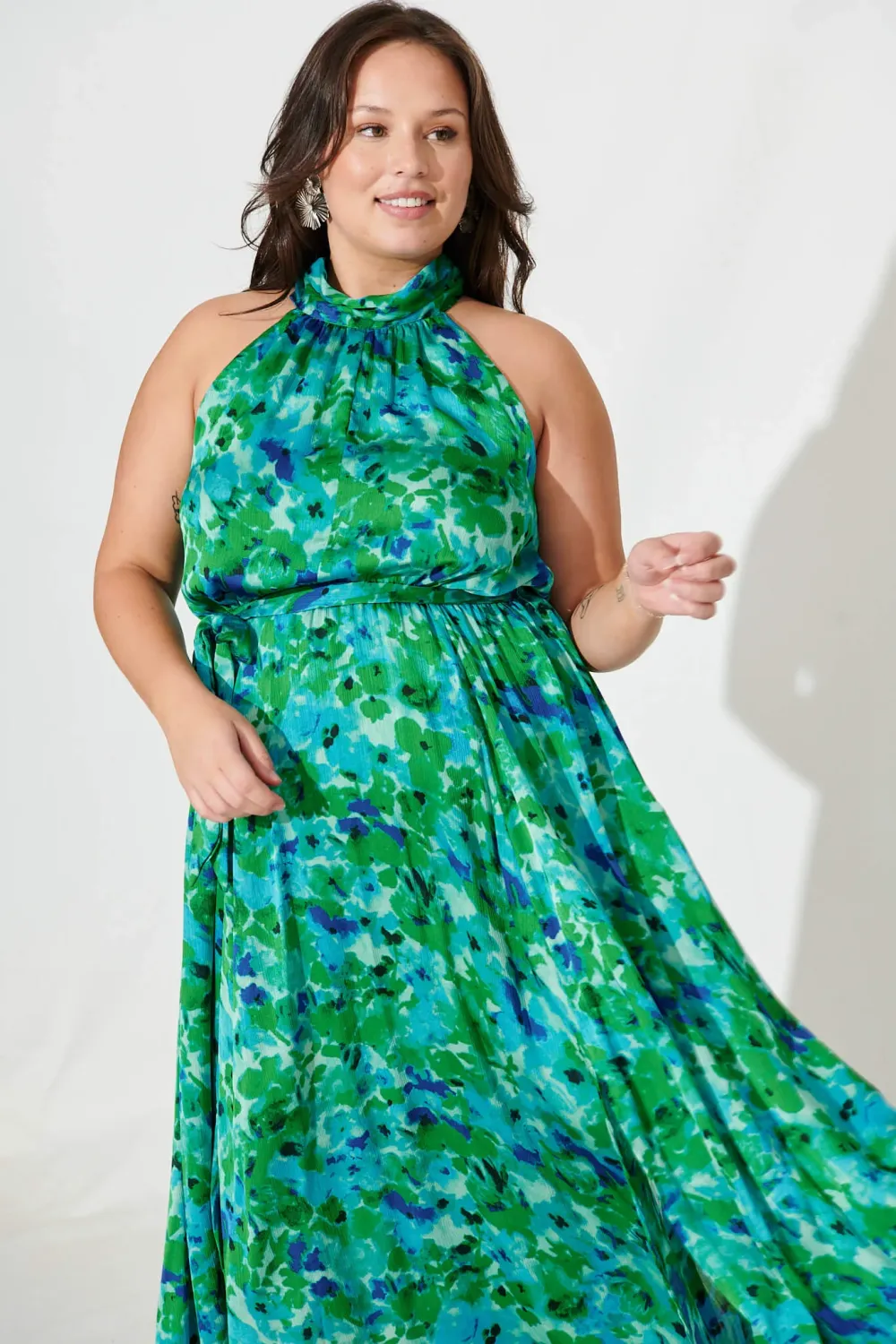 Kiss Me Halter Neck Maxi Dress In Green Watercolour Print