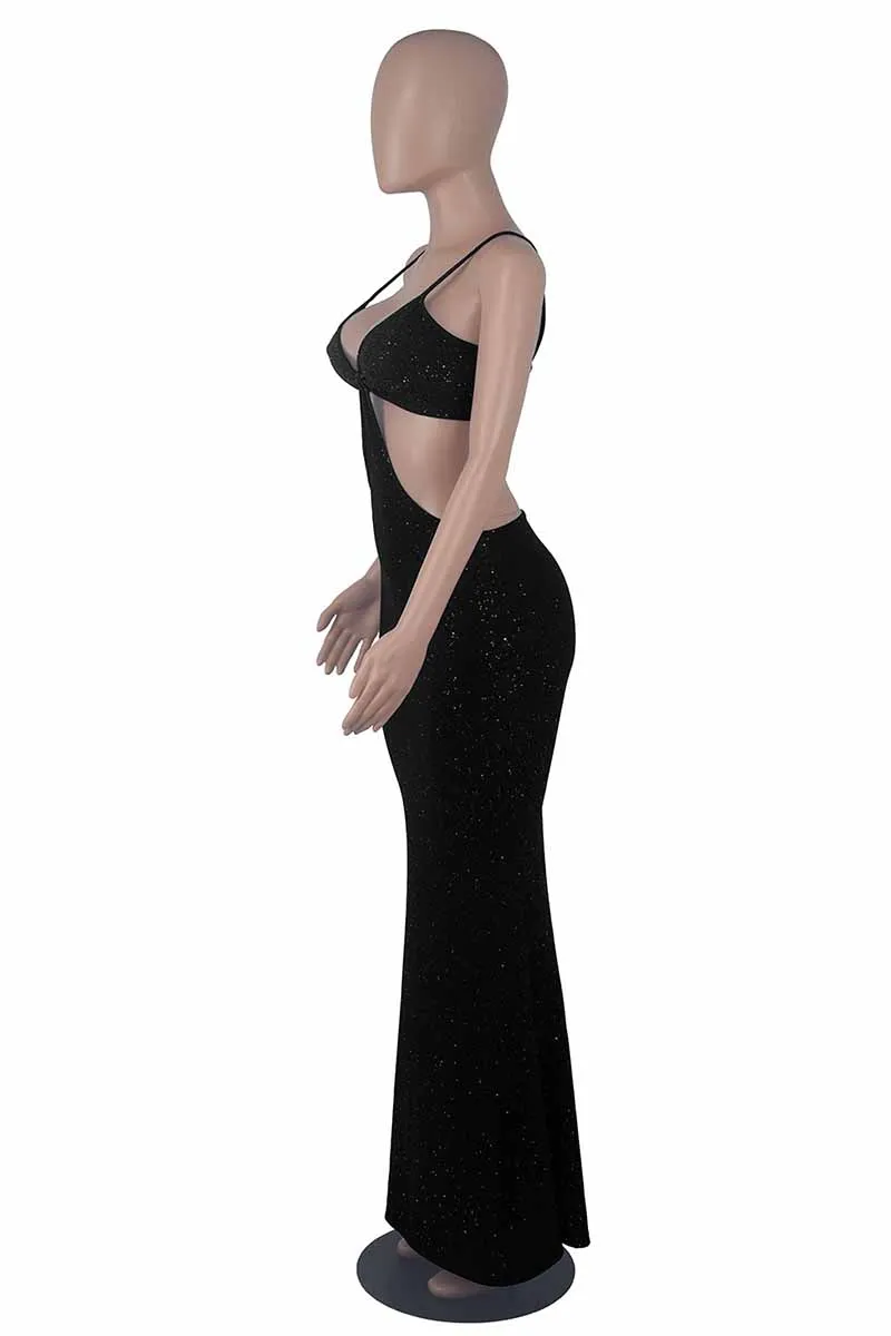 Black Fashion Sexy Solid Hollowed Out Backless Spaghetti Strap Evening Dress Dresses