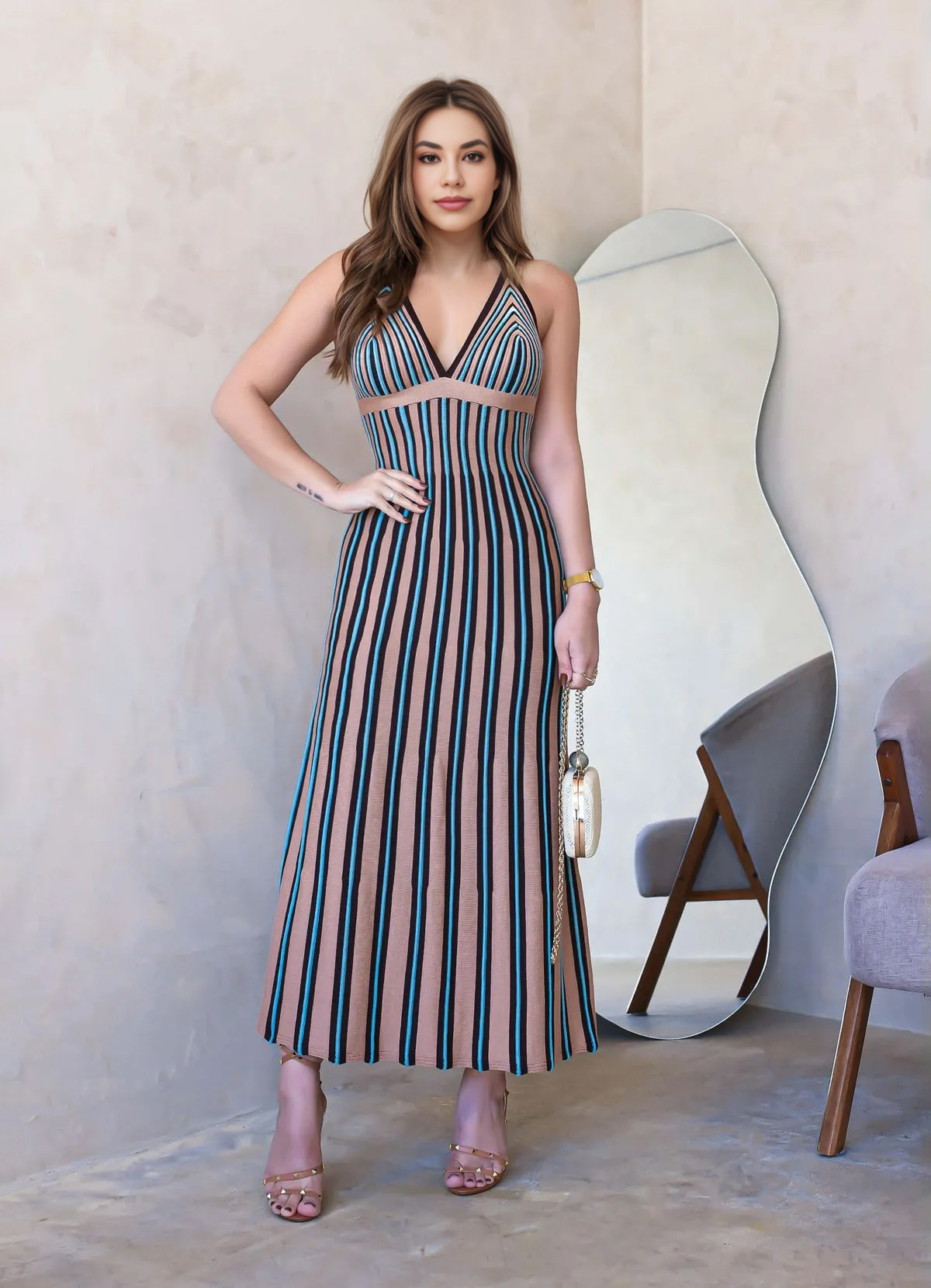 MODAL STRIPED V-NECK MIDI DRESS