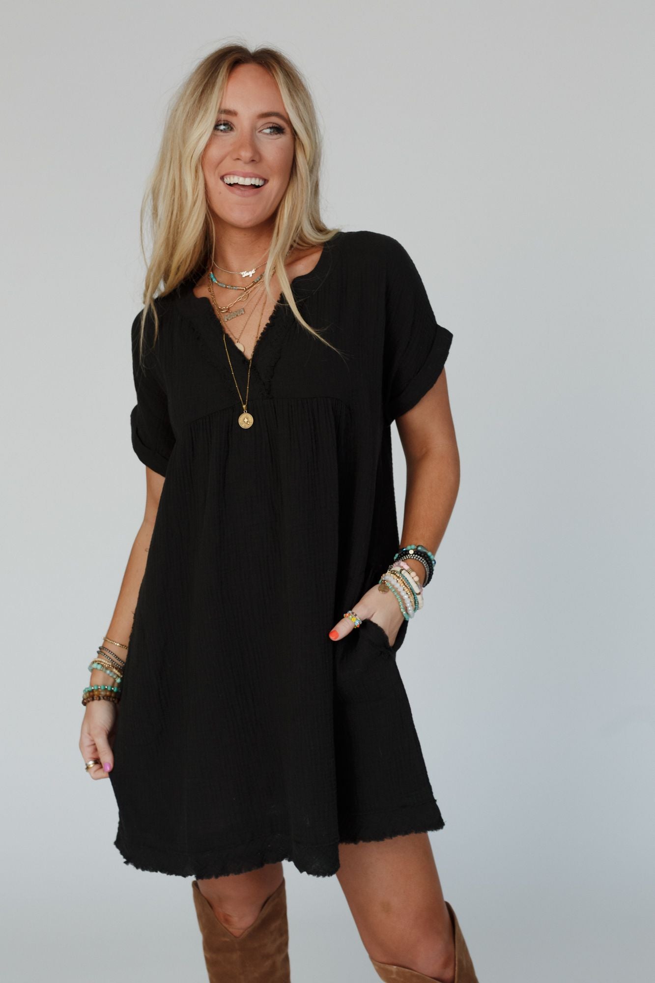 Romi Raw Edge V Neck Dress - Black