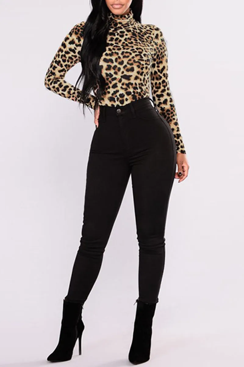 Leopard Print Fashion Casual Print Leopard Patchwork Turtleneck Tops