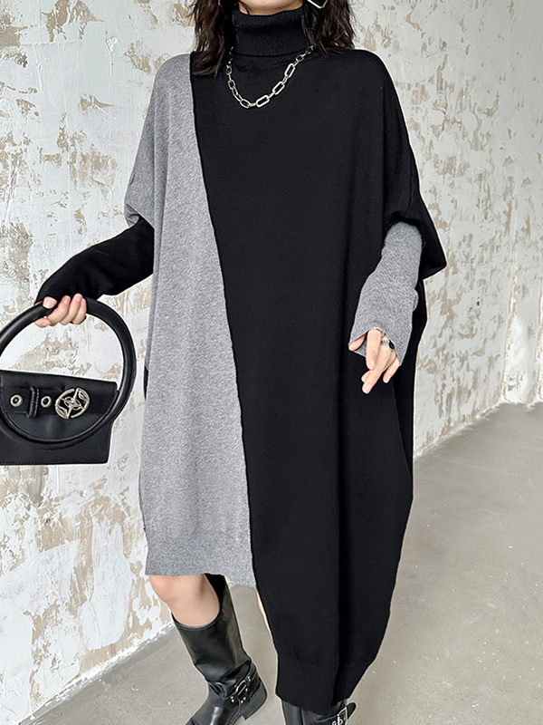 Batwing Sleeves Long Sleeves Asymmetric Contrast Color Split-Joint High Neck Midi Dresses Sweater Dresses