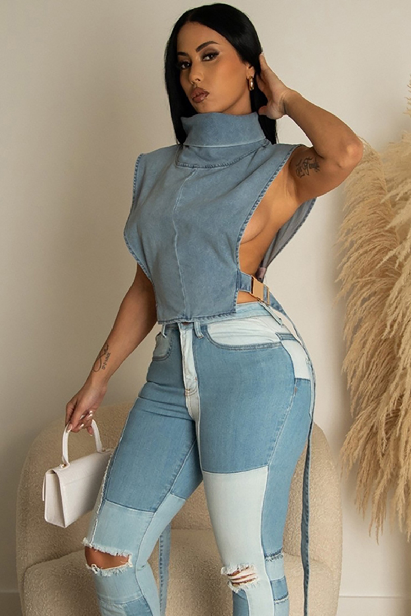 High Neck Cut Out Tied Up Sleeveless DenimTop