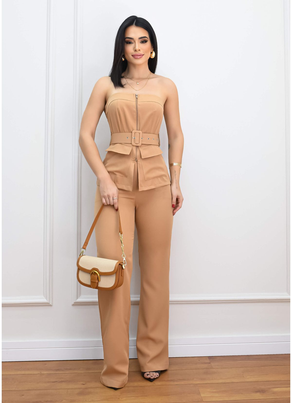 STRAPLESS BELT BLOUSE SET W/ TAILORED PANTS