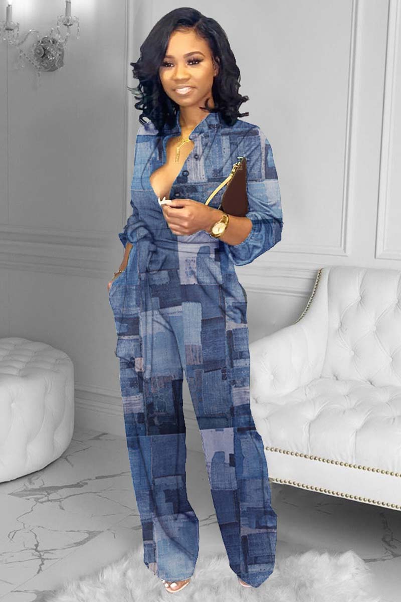 Faux Denim Patchwork Print Long Sleeve High Waist Tie Up Wide Leg Jumpsuit