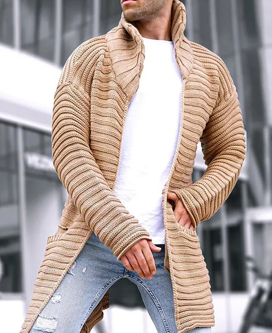 High Neck Pockets Knitted Long Cardigan Sweater