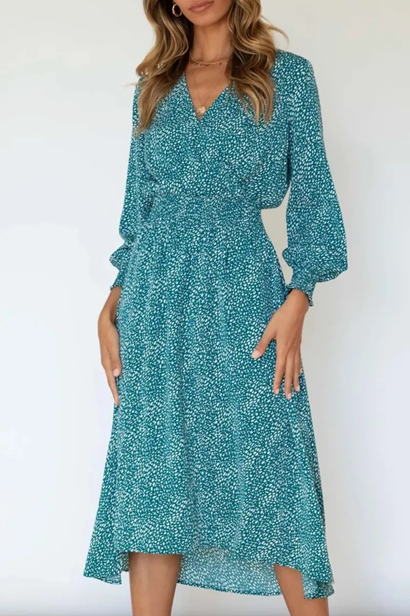 Elegant Print Split Joint V Neck Dresses