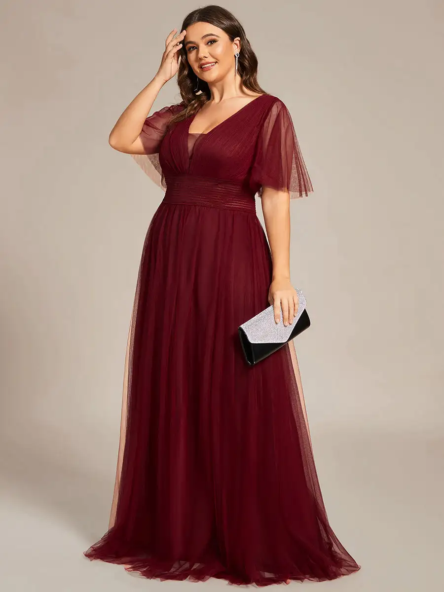 Plus Deep V-Neck Short Ruffles Sleeves A Line Wholesale Bridesmaid Dresses