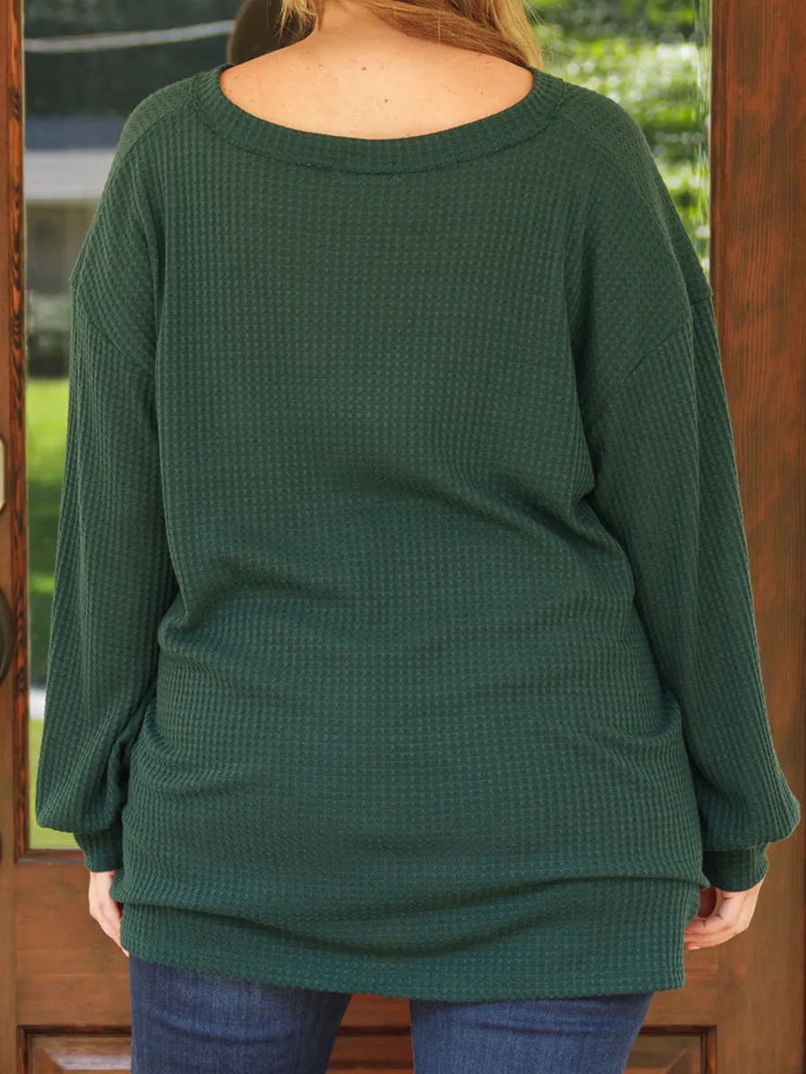 Dark green front short back long lantern sleeve T-shirt