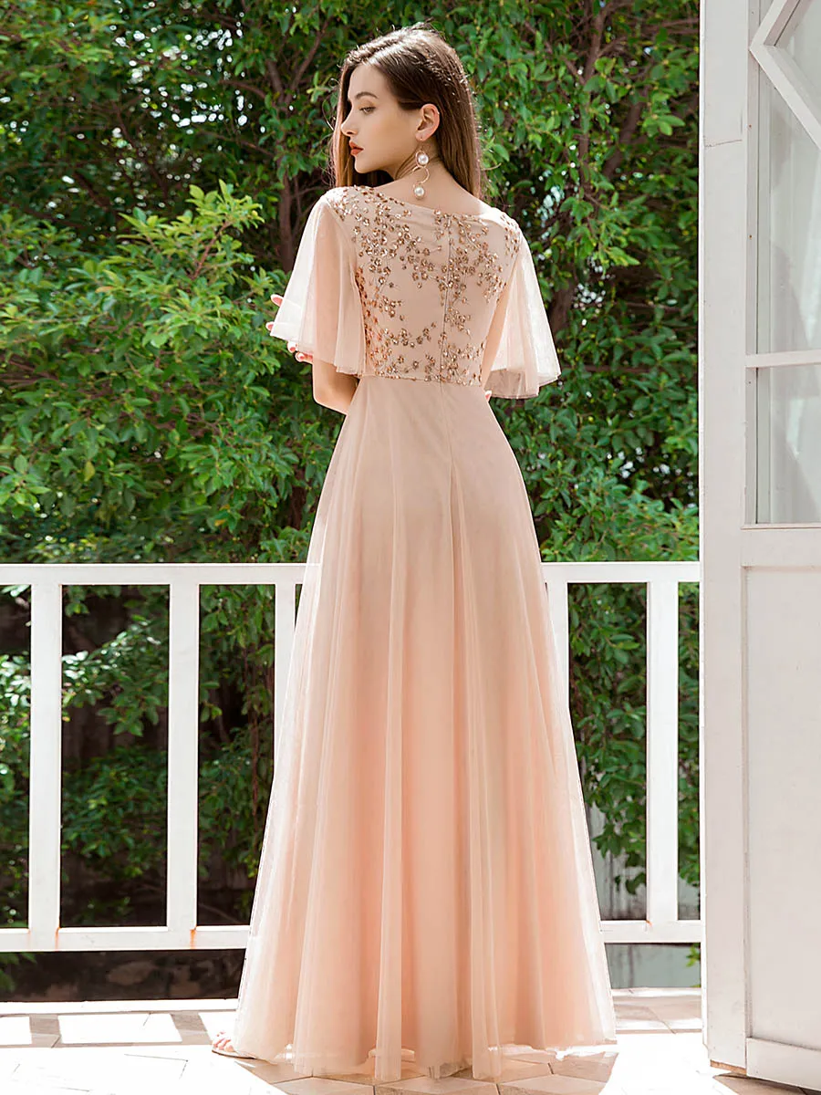 Elegant Tulle Ruffle Sleeves Bridesmaid Dresses Wholesale with Paillette