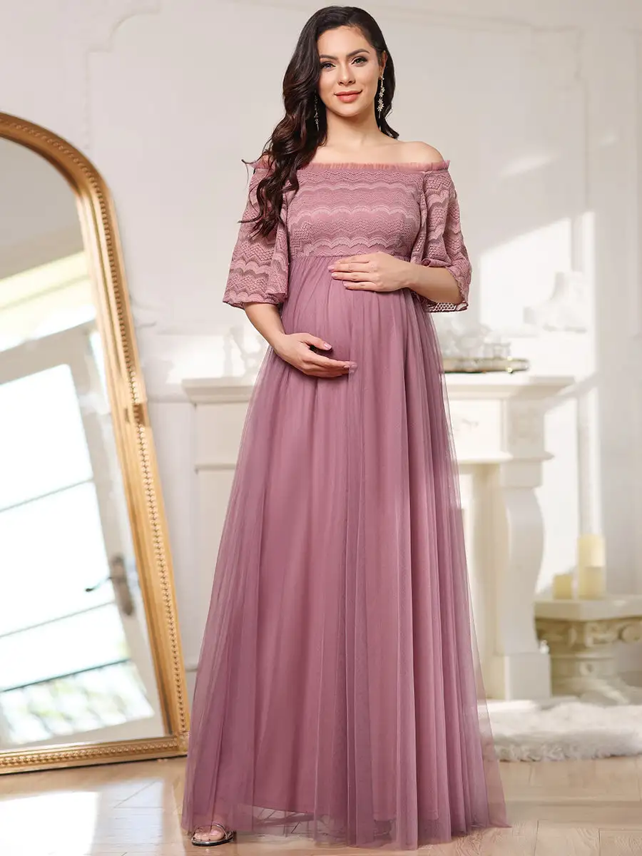 Off Shoulder Wholesale Maternity Bridesmaid Dresses With Lace Sleeves