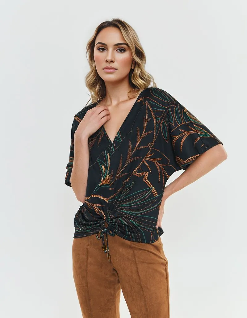 Printed Blouse Foliage Topstitching - Black