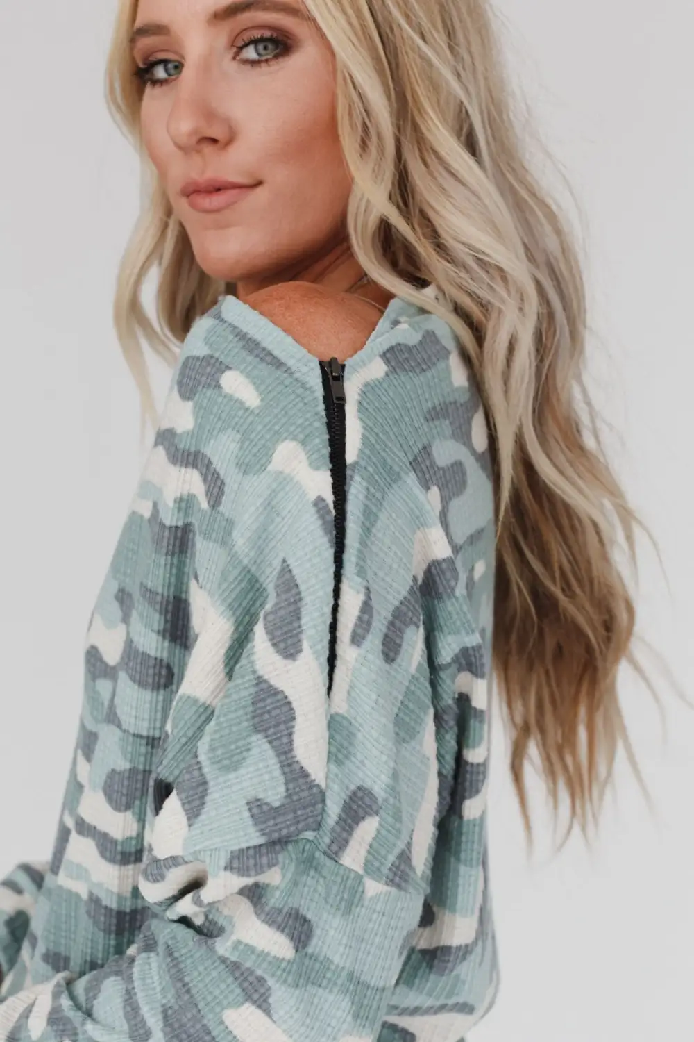 Esme Zipper Long Sleeve Sweater Top - Sage Camo