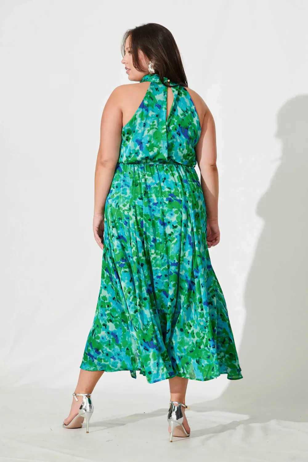 Kiss Me Halter Neck Maxi Dress In Green Watercolour Print