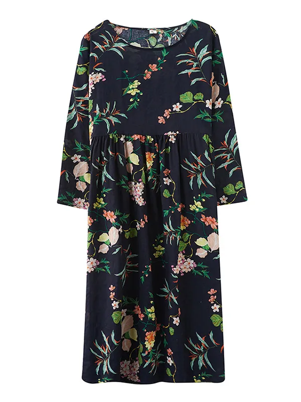 Vacation Long Sleeves Loose Floral Printed Round-Neck Maxi Dresses