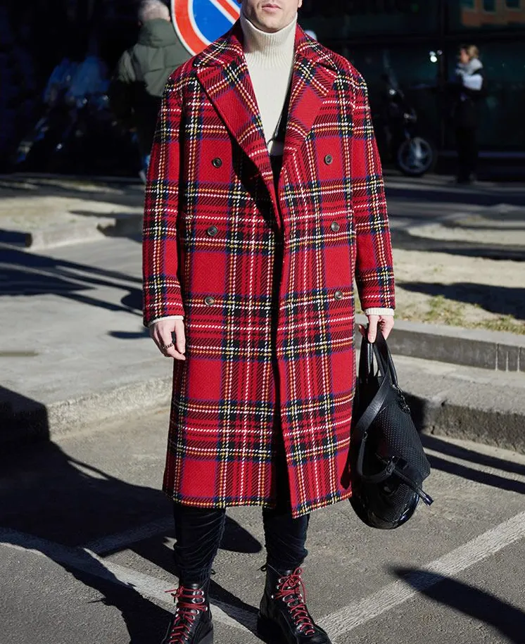 Plaid Christmas Notch Lapel Double Breasted Long Coat