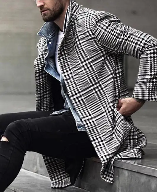 Plaid & Houndstooth Pattern Lapel Overcoat