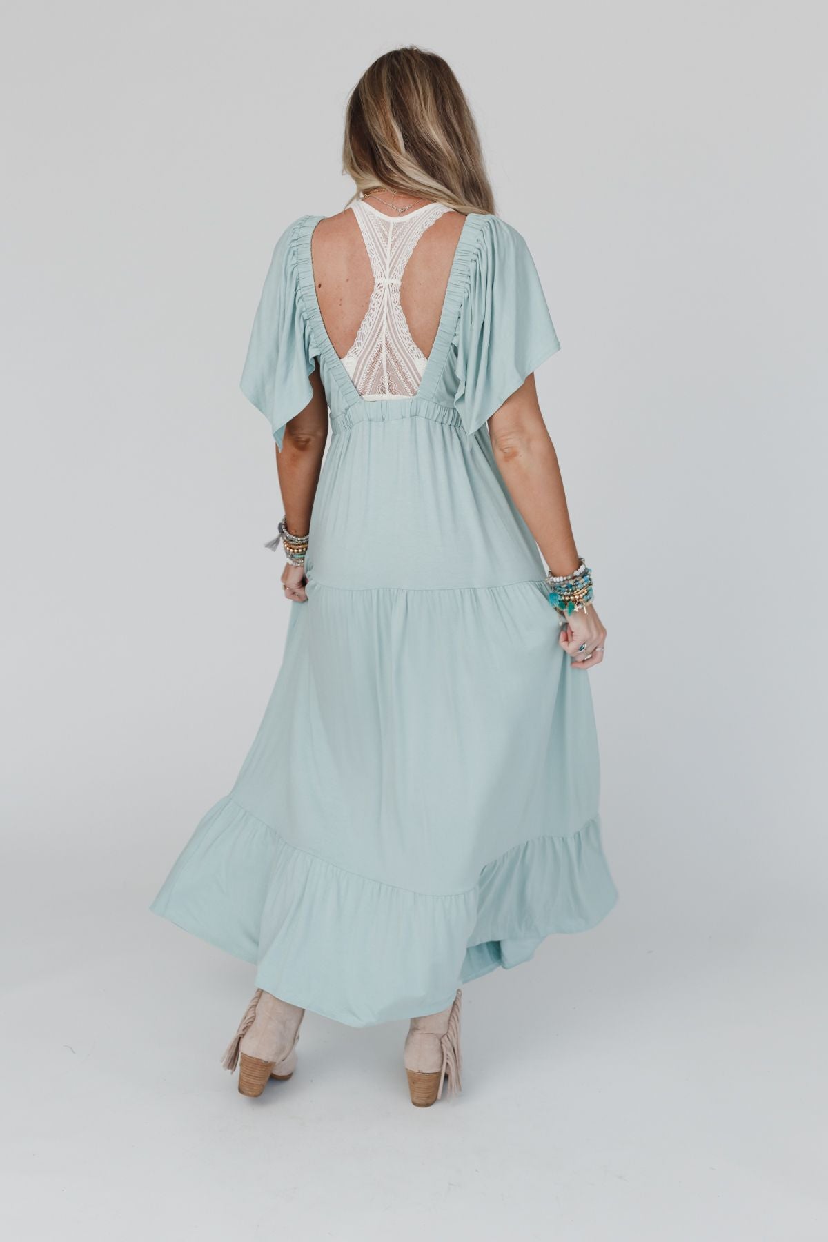 On Repeat Open Back Ruffle Maxi Dress - Seafoam