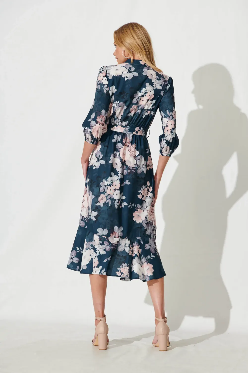 Jemimah Midi Dress In Teal With Blush Floral Print