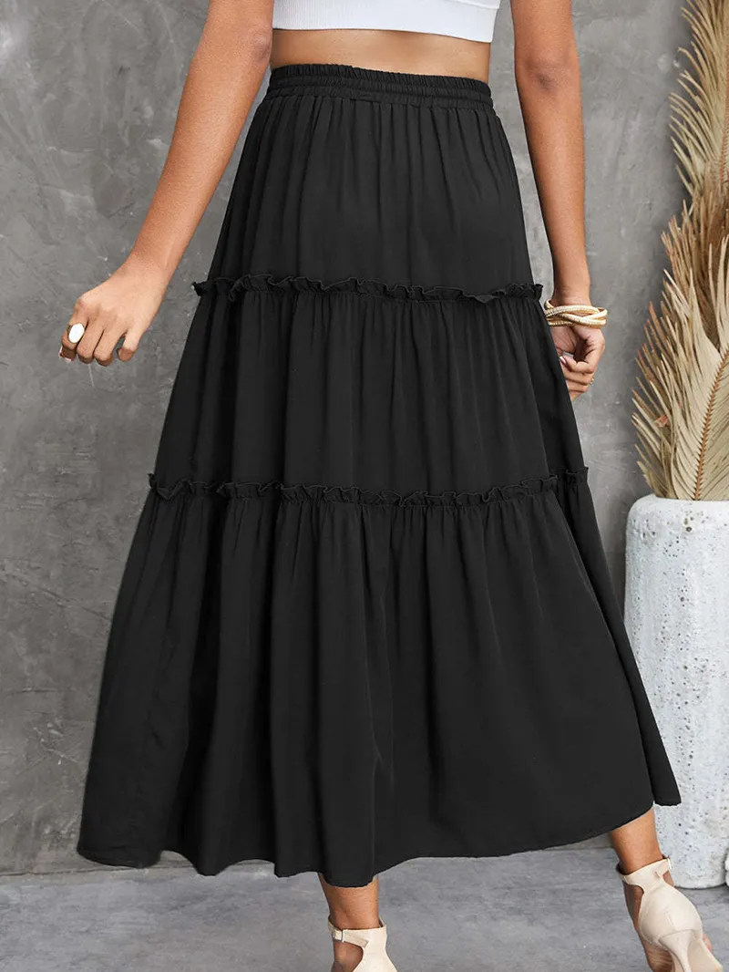 FRILL TIERED DRAWSTRING WAIST MAXI SKIRT