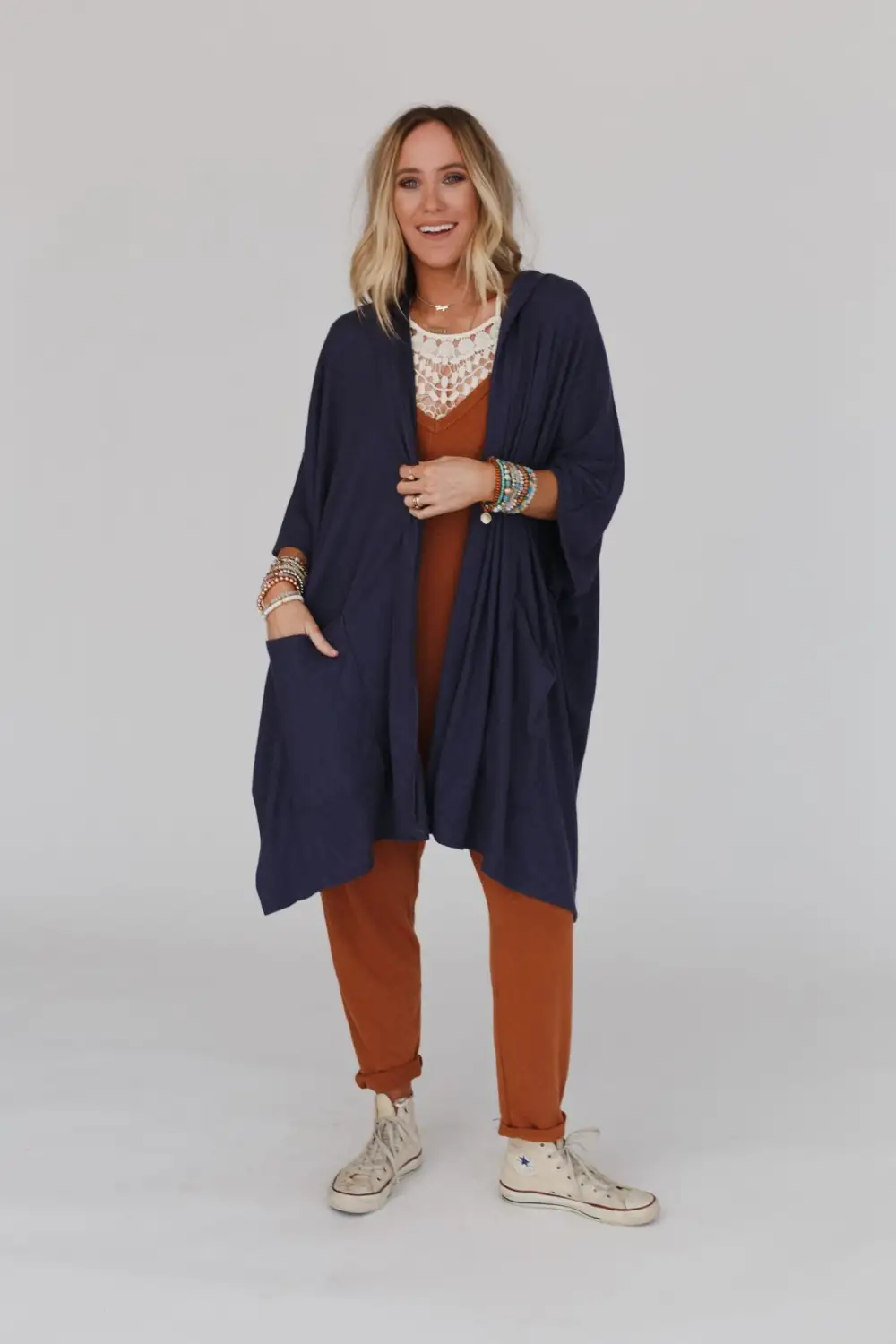 Boho Essential Hooded Ribbed Sweater - Navy