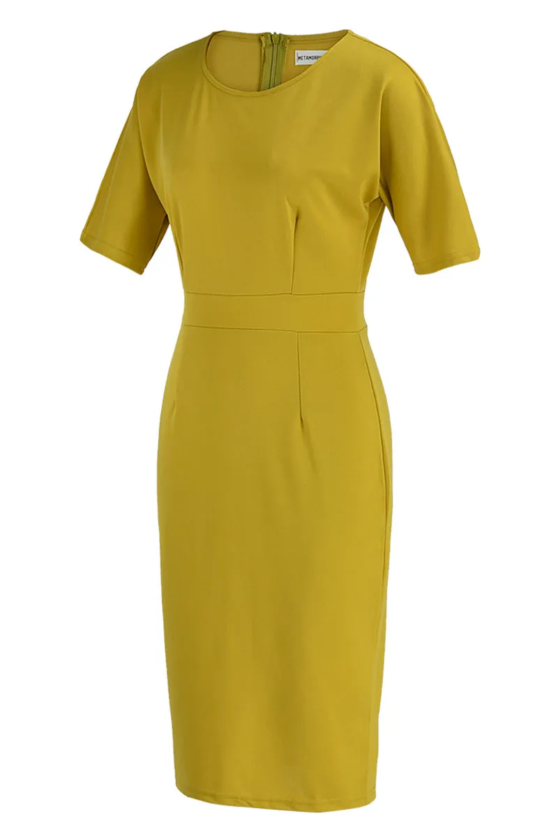 Yellow Casual Elegant Solid Patchwork Slit O Neck One Step Skirt Dresses