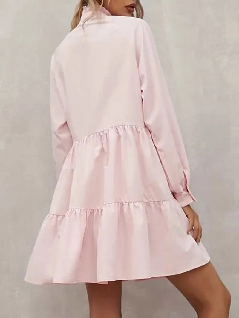 Pink Frilled Stand Collar Long Sleeve Ruffle Dress