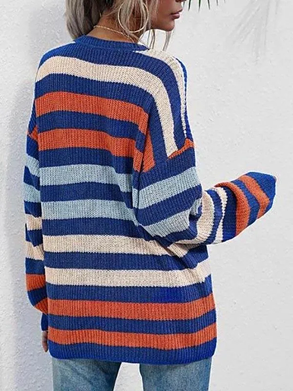 Crew Neck Drop Shoulder Mixed Stripes Sweater