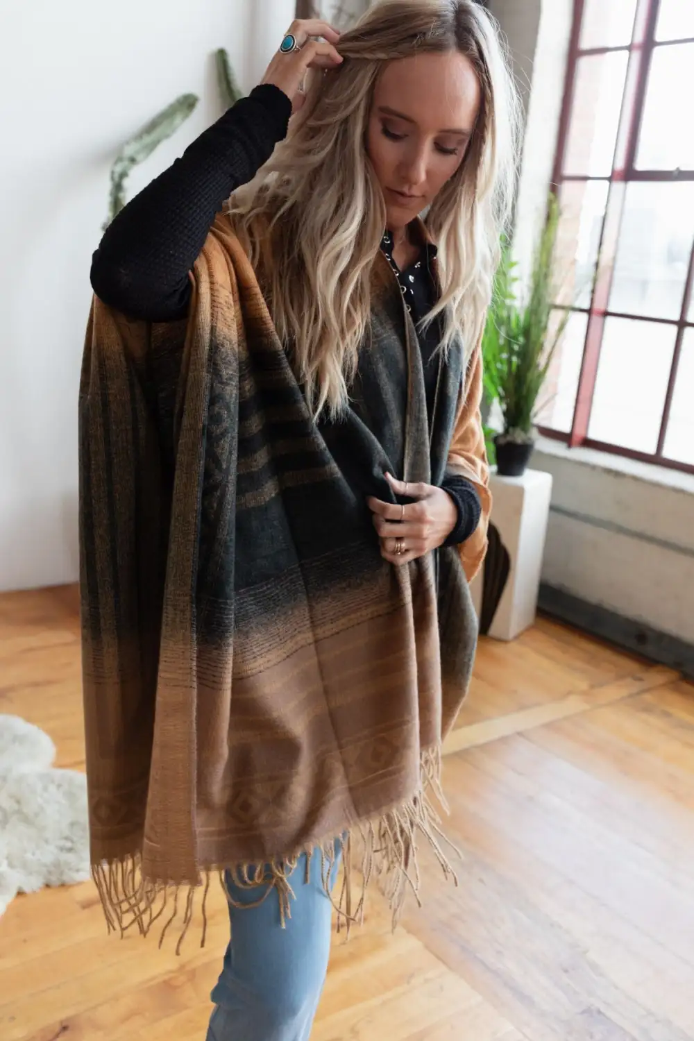 Way Out West Knit Kimono Shawl - Charcoal