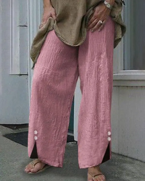 Women Plus Size Elastic Waist Button Decor Linen Cotton Pants